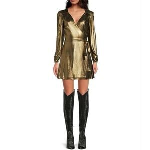 NWT Gianni‎ Bini Noa V-Neck Gold Metallic Lame V-Neck Long Sleeve Wrap Dress